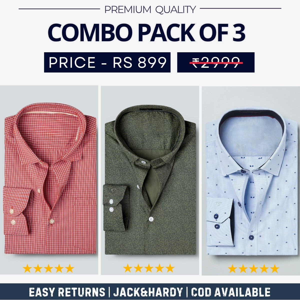 Combo Pack of 3 Men’s Formal Shirts – Stylish & Versatile Collection (Half & Full Sleeves, With/Without Pockets) (FS-55)